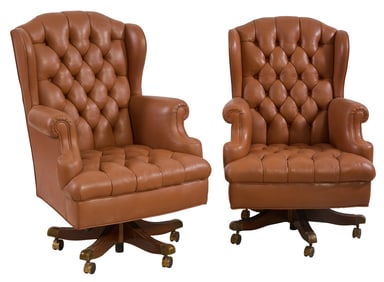 Pair of Leather Wingback Office Chairs, 20th c., Each- H.- 45 in., W.- 30 in., D.- 25 in. (2 Pcs.)