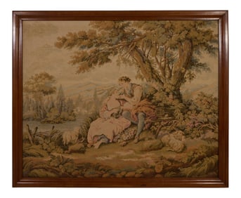 Italian Inspired Courting Scene Tapestry, 20th c., H.- 56 in., W.- 70 in., Framed- H.- 60 in., W.-