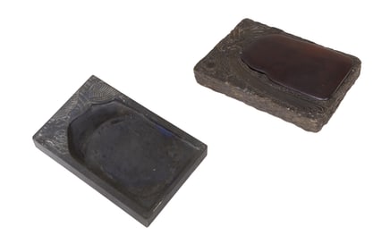 Two Chinese Carved Ink Stones, c. 1900, Larger- H.- 7 7/8 in., W.- 5 1/4 in., D.- 1 3/8 in.;