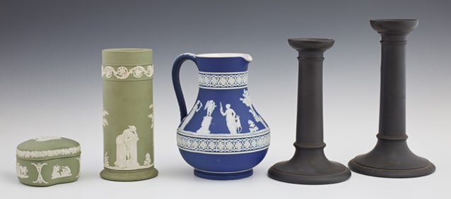 Five Pieces of Wedgwood, Taller Basalt- H.- 7 3/4 in., Dia.- 4 1/2 in. (5 Pcs.)