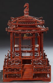 Chinese Carved Wood Bird Cage, 20th c., H.- 30 in., W.- 19 in., D.- 19 in.