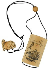Japanese Carved Inro, Netsuke and Ojime Set, Inro- H.- 2 7/8 in., W.- 1 3/4 in., D.- 5/8 in.