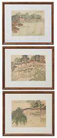 Oriental School, "Three Landscape Scenes," 20th c., Each Sight- H.- 8 7/8 in., W.- 10 1/4 in.,