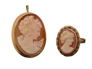 Two 18K Yellow Gold Carnelian Cameos, early 20th c., Ring- Size- 7 3/4, H.- 1 7/8 in., W.- 11/16 in.