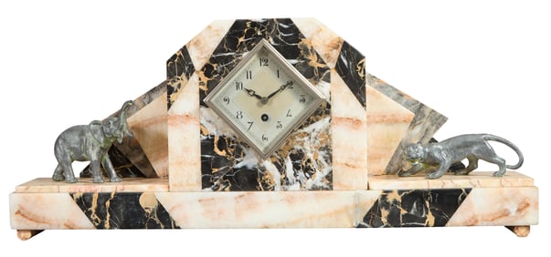 French Art Deco Marble and Spelter Mantel Clock, c. 1940, H.- 10 3/4 in., W.- 25 3/4 in., D.- 4 1/8