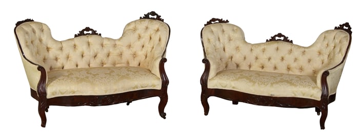 Pair of American Victorian Carved Mahogany Window Settees, mid 19th c., Each- H.- 33 1/2 in., W.- 53