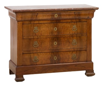 French Louis Philippe Marble Top Walnut Commode, mid 19th c., H.- 35 in., W.- 46 in, D.- 18 in.