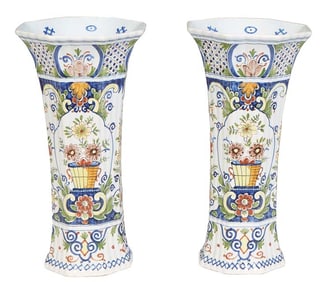 Pair of Continental Faience Trumpet Vases, 20th c., Each- H.- 11 1/2 in., Dia.- 6 1/4 in. (2 Pcs.)
