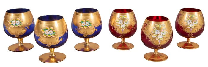 Set of Six Moser Gilt Decorated Red and Cobalt Brandy Glasses, early 20th c., Each- H.- 5 in., Dia.-