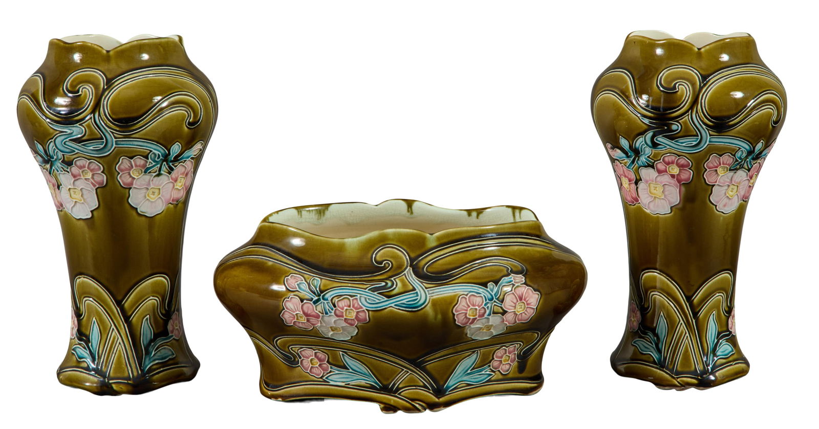 Three Piece French Majolica Art Nouveau Mantel Garniture, early 20th c., Vases- H.- 11 1/2 in., (1 of 2)