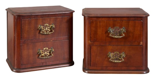 Pair of Miniature Mahogany Jewelry Caskets, mid 19th c., Each- H.- 8 1/2 in., W.- 9 3/4 in., D.- 7