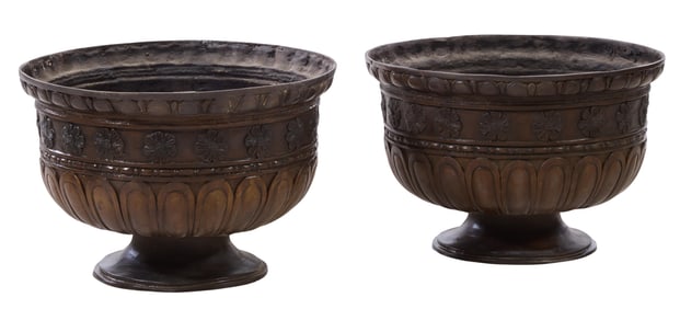 Pair of Round Bronze Footed Planters, 20th/21st c., Each- H.- 14 1/2 in., Dia.- 21 in. (2 Pcs.)