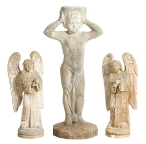 Group of Three Cast Stone Garden Decorations, 20th c., Angels- H.- 26 in., W.- 11 1/4 in., D.- 10