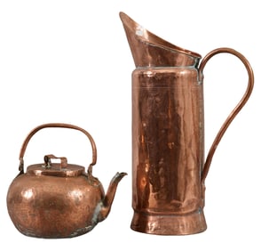 Two Antique French Copper Cookware, late 19th c., Pitcher- H.- 22 in., W- 12 in., D.- 8 in. (2 Pcs.)