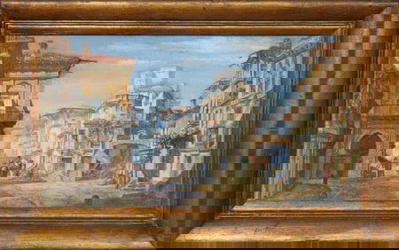 Continental School, "Old Spanish Town with Moorish Arch," 20th c., H.- 9 1/2 in., W.- 17 1/2 in.