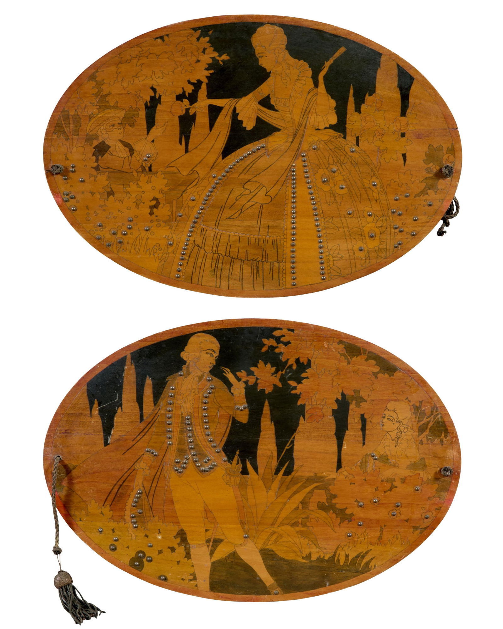 Pair of Unusual Oval Inlaid Beech and Brass Plated Iron Nail Plaques, early 20th c., Each- H.- 16 (1 of 5)