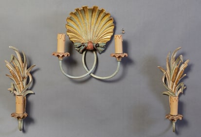 Three Piece French Carved Polychromed Beech Sconce Set, 20th c., Shell- H.- 10 1/8 in., W,- 10 3/4