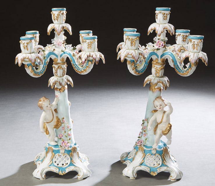 Pair of Meissen Style Five Light Porcelain Candelabra, 20th c., Each- H.- 18 1/4 in., Dia.- 11 1/4 (1 of 3)