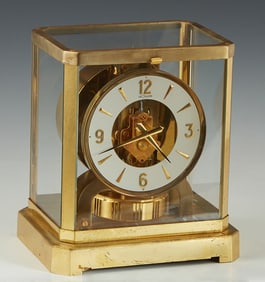 Jaeger LeCoultre Atmos Brass and Glass Mantel Clock, Ser. # 258797, 1960-1980, H.- 9 1/4 in., W.- 8