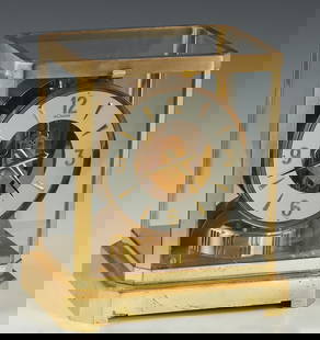 Jaeger LeCoultre Atmos Brass and Glass Mantel Clock, Ser. # 258797, 1960-1980, H.- 9 1/4 in., W.- 8: Jaeger LeCoultre Atmos Brass and Glass Mantel Clock, 1960-1980, Ser. # 258797, H.- 9 1/4 in., W.- 8 1/4 in., D.- 6 1/4 in.