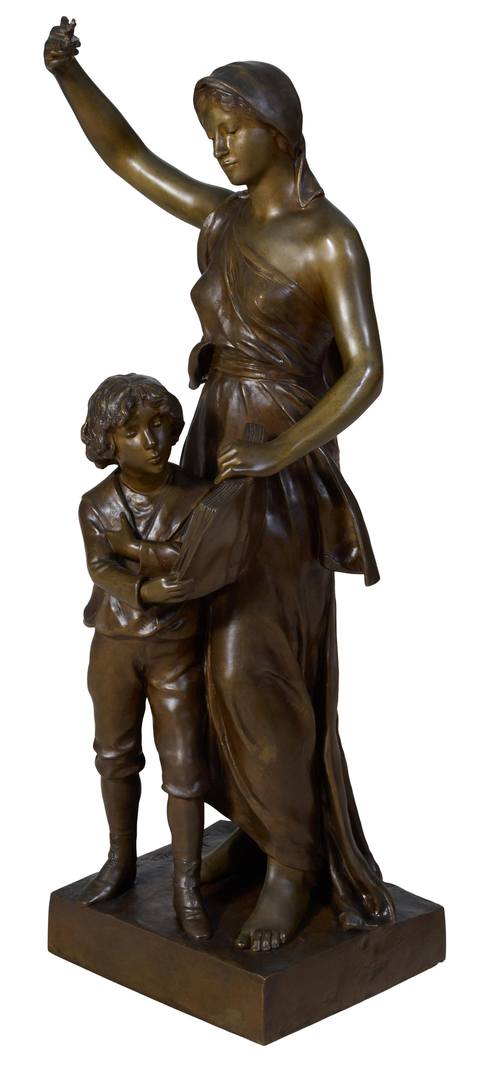 Henri Louis Levasseur (French, 1853-1934), "L'educacion," H.- 33 3/4 in., W.- 12 in., D.- 12 in.: Henri Louis Levasseur (French, 1853-1934), "L'educacion," patinated bronze, signed on the lower left top of the integral square base, H.- 33 3/4 in., W.- 12 in., D.- 12 in.