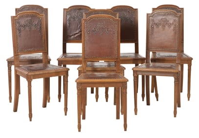 Eight Louis XVI Style Embossed Leather Side Chairs, 20th c., Each- H.- 36 1/2 in., W.- 20 in., D.-