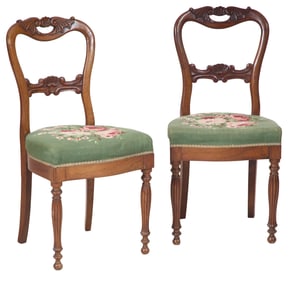 Pair of French Louis Philippe Carved Walnut Side Chairs, mid 19th c., Each- H.- 35 in., W.- 17 in.,
