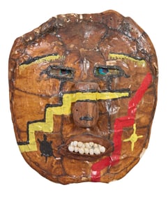 Painted African Turtle Shell Mask, 20th c., H.- 12 in., W.- 10 7/8 in., D.- 4 3/4 in.
