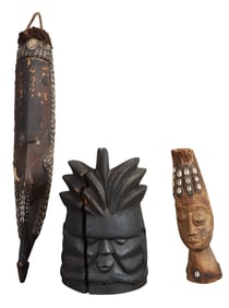Group of Three African Carved Wood Items, 20th c., Tallest- H.- 28 1/2 in., W.- 5 in., D.- 5 3/4 in.