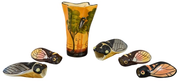 Group of Five Decorative Faience Cicadas, 20th c., Vase- H.- 9 3/4 in., Dia.- 7 1/2 in.; Smallest