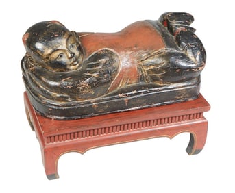 Large Chinese Carved Wooden Reclining Happy Hotei, 19th c., Figure- H.-10 in., W.- 22 1/2 in., D.-