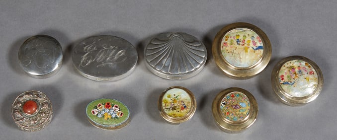 Group of Nine Small Boxes, 20th c., Shell Oval- H.- 5/8 in., W.- 3 in., D.- 2 1/4 in.; Micromosaic-