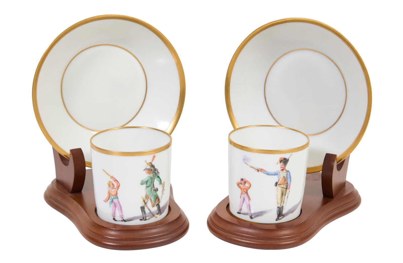 Pair of French Painted Porcelain Cups and Saucers, late 19th c., Cups- H.- 2 1/2 in., W.- 3 1/4 in., (1 of 11)