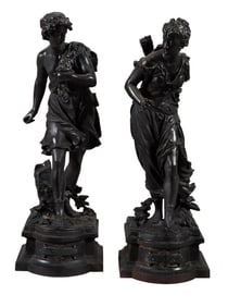 Pair of Large Painted Spelter Classical Figures of Diana and Acteon, early 20th c., Each- H.- 24