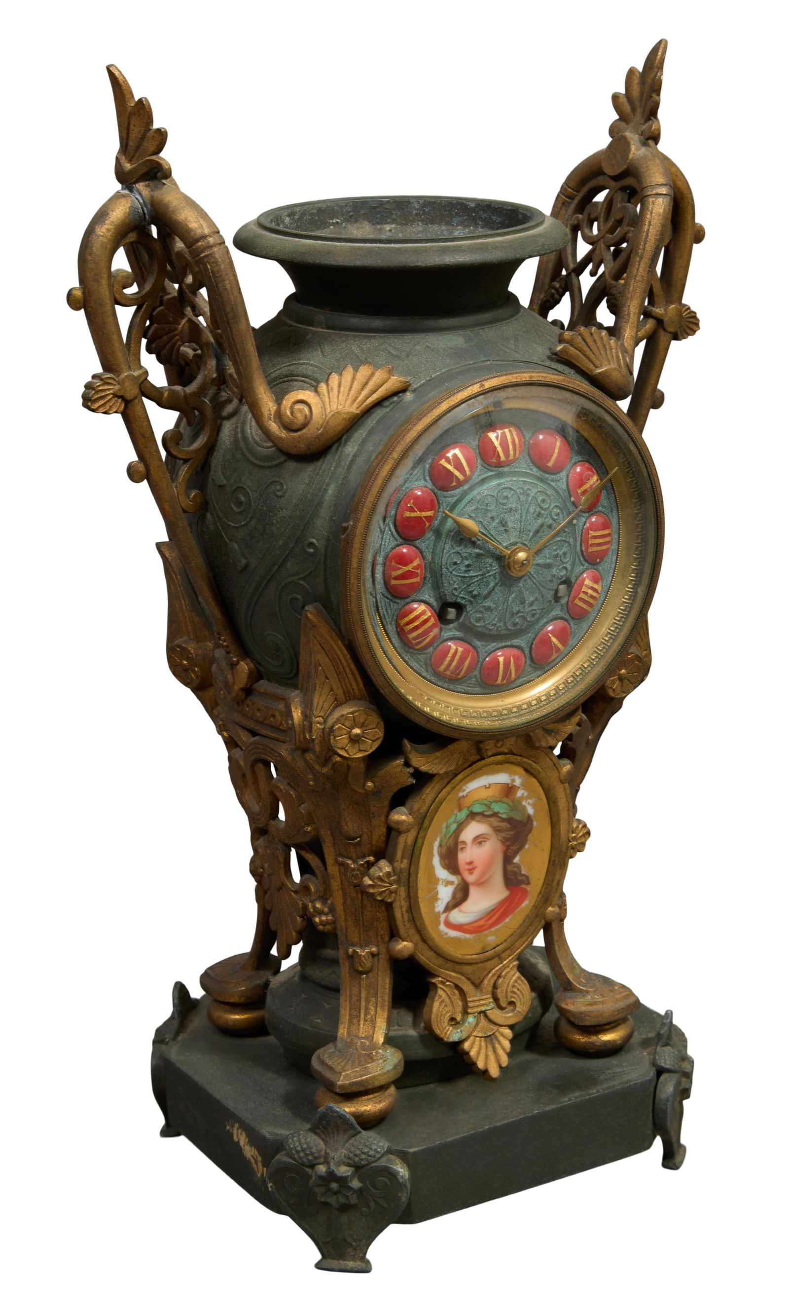 French Egyptian Revival Gilt Spelter Mantel Clock, late 19th c., H.- 13 3/4 in., W.- 8 3/4 in., D.-