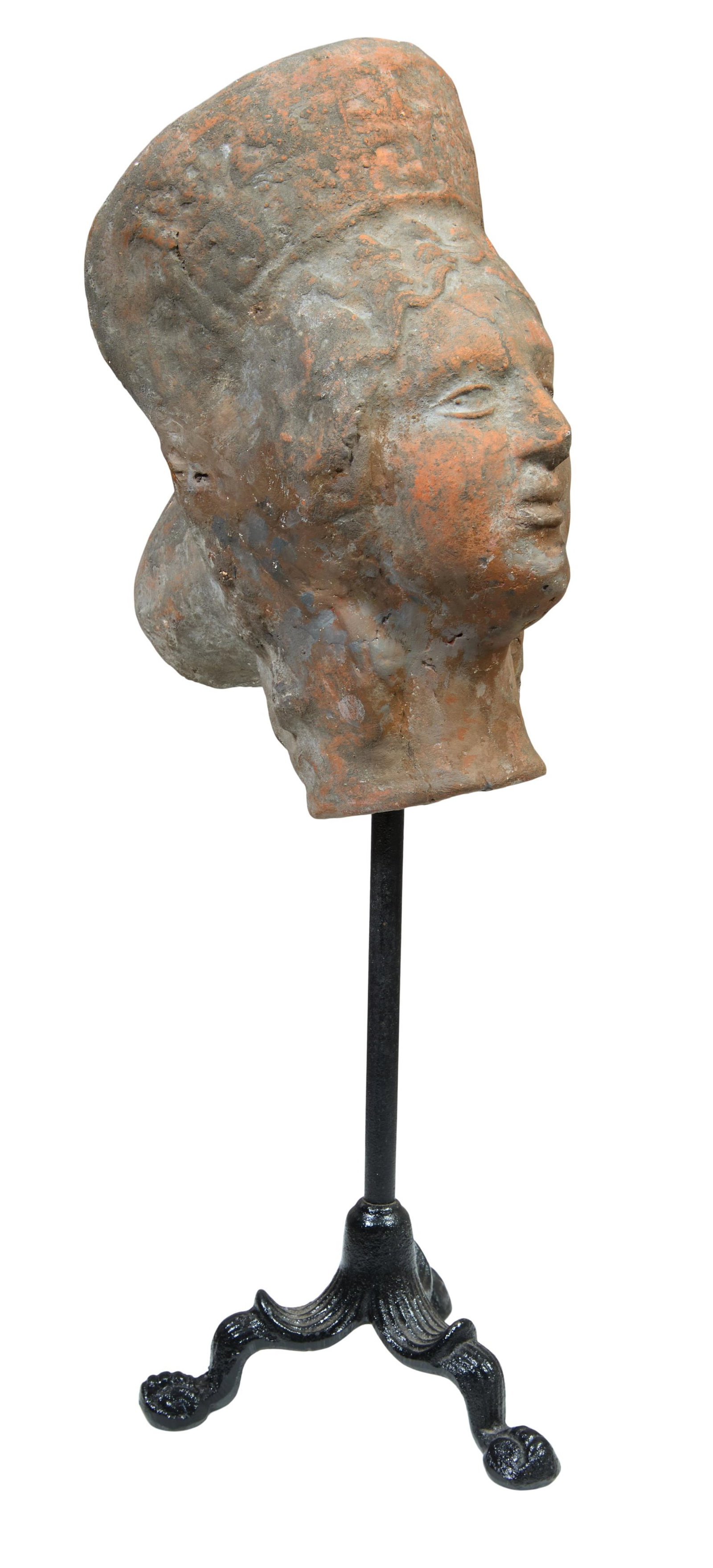 Etruscan Terra Cotta Bust on Metal Stand, Overall- H.- 16 in., W.- 6 in., D.- 6 in.: Etruscan Terra Cotta Bust on Metal Stand, the crowned female terra cotta bust with hair in a bun, balanced on telescopic black metal stand with tripartite shaped feet, Overall- H.- 16 in., W.- 6 in., 