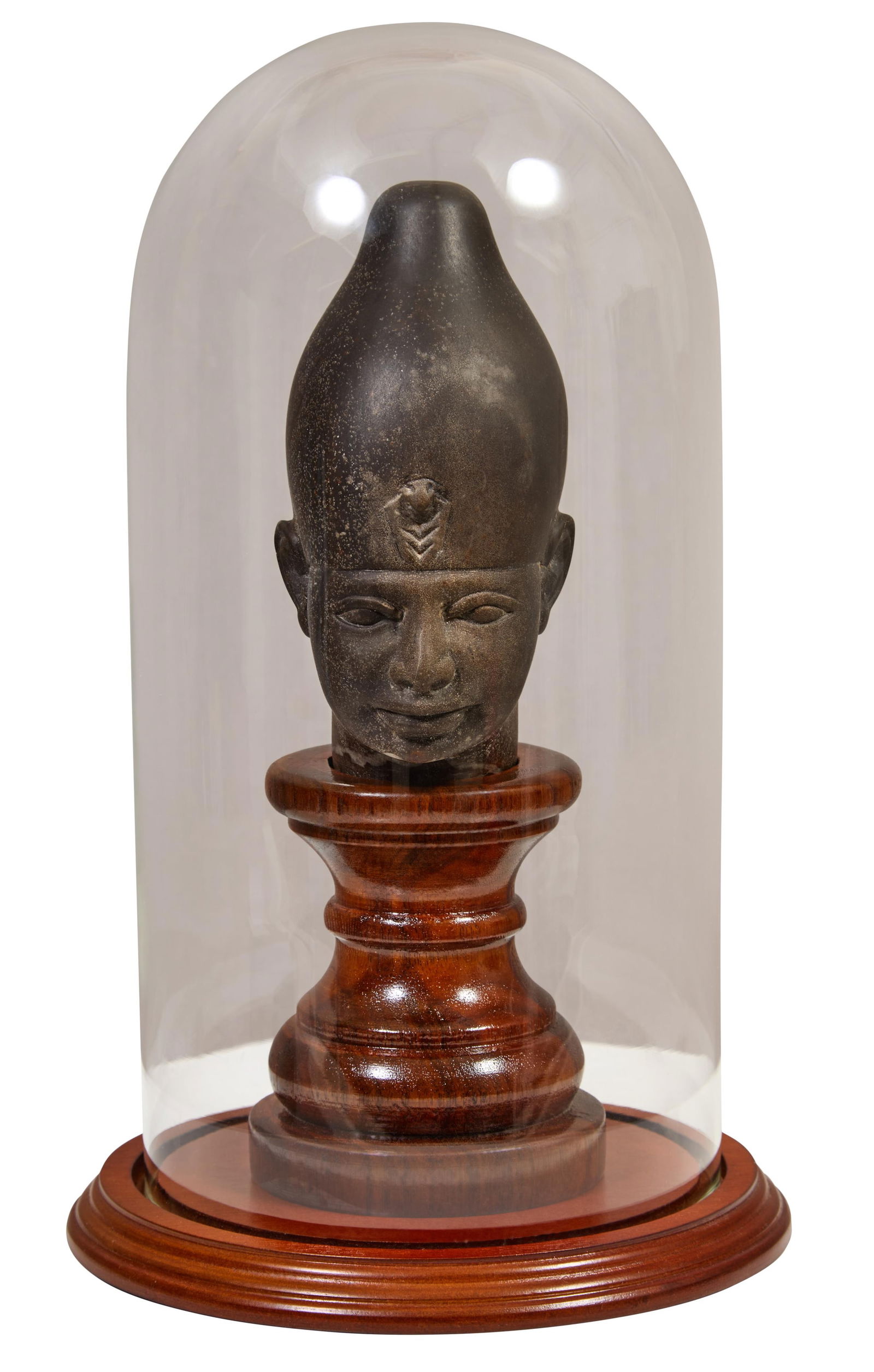 Ancient Egyptian Patinated Cast Stone Bust, Bust- H.- 6 1/4 in., W.- 3 1/2 in., D.- 3 1/4 in., Dome-