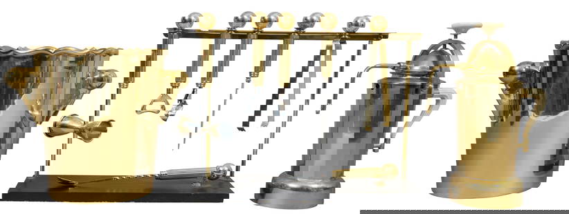 Italian Gilt Brass Ten Piece Bar Set, 20th c., Infuser- H.- 12 in., W.- 9 1/2 in., D.- 5 in. (10: Italian Gilt Brass Ten Piece Bar Set, 20th c., consisting of a two handled tray; an ice bucket; six bar tools; a tool stand; together with a coffee infuser, Infuser- H.- 12 in., W.- 9 1/2 in., D.- 5 i