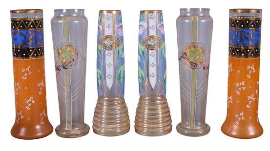 Three Pair of Tall American Art Glass Vases, early 20th c., Largest- H.- 13 3/4 in., Dia.- 4 1/2 in.: Three Pair of Tall American Art Glass Vases, early 20th c., one pair in orange with gilt and enamel decoration; one pair in pale blue and amber floral decoration, and a pair of frosted examples with c