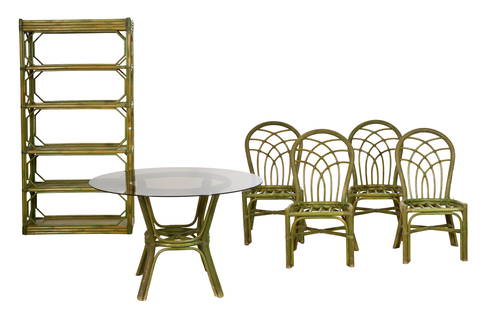 Six Piece French Vert Bamboo Breakfast Group, 20th c., Etagere- H.- 71 1/2 in., W.- 40 in., D.- 15: Six Piece French Vert Bamboo Breakfast Group, 20th c., consisting of four balloon back bamboo chairs with lattice splats; a bamboo table base with a round smoke glass top, on splayed legs, with a cent