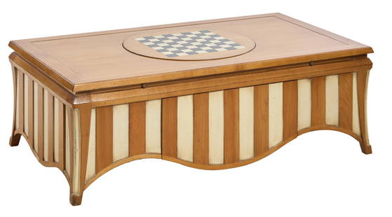 French Amusement Games Coffee Table, 21st c., H.- 16 in., W.- 47 in., D.- 28 in.: French Amusement Games Coffee Table, 21st c., with central inset checker/chess board, pull out tray with six spots, two deep storage drawers, striped drape form apron, H.- 16 in., W.- 47 in., D.- 28 i