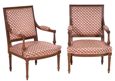 Pair of French Louis XVI Style Carved Beech Fauteuils, 20th c., Each- H.- 36 in., W.- 25 in., D.- 23