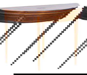 French Directoire Demilune Inlaid Walnut Games Table, early 19th c., Closed- H.- 29 1/4 in., W.- 45: French Directoire Demilune Inlaid Walnut Games Table, early 19th c., the hinged fold over top opens to reveal a round baize lined playing surface, pull out rear support leg with attached game piece dr