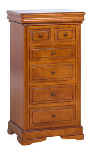 Diminutive French Louis Philippe Style Carved Cherry Chiffonnier Chest, 20th c., H.- 44 in., W.- 23: Diminutive French Louis Philippe Style Carved Cherry Chiffonnier Chest, 20th c., the indented top over two small frieze drawers above four large graduated lower drawers, on a plinth base on bracket fe