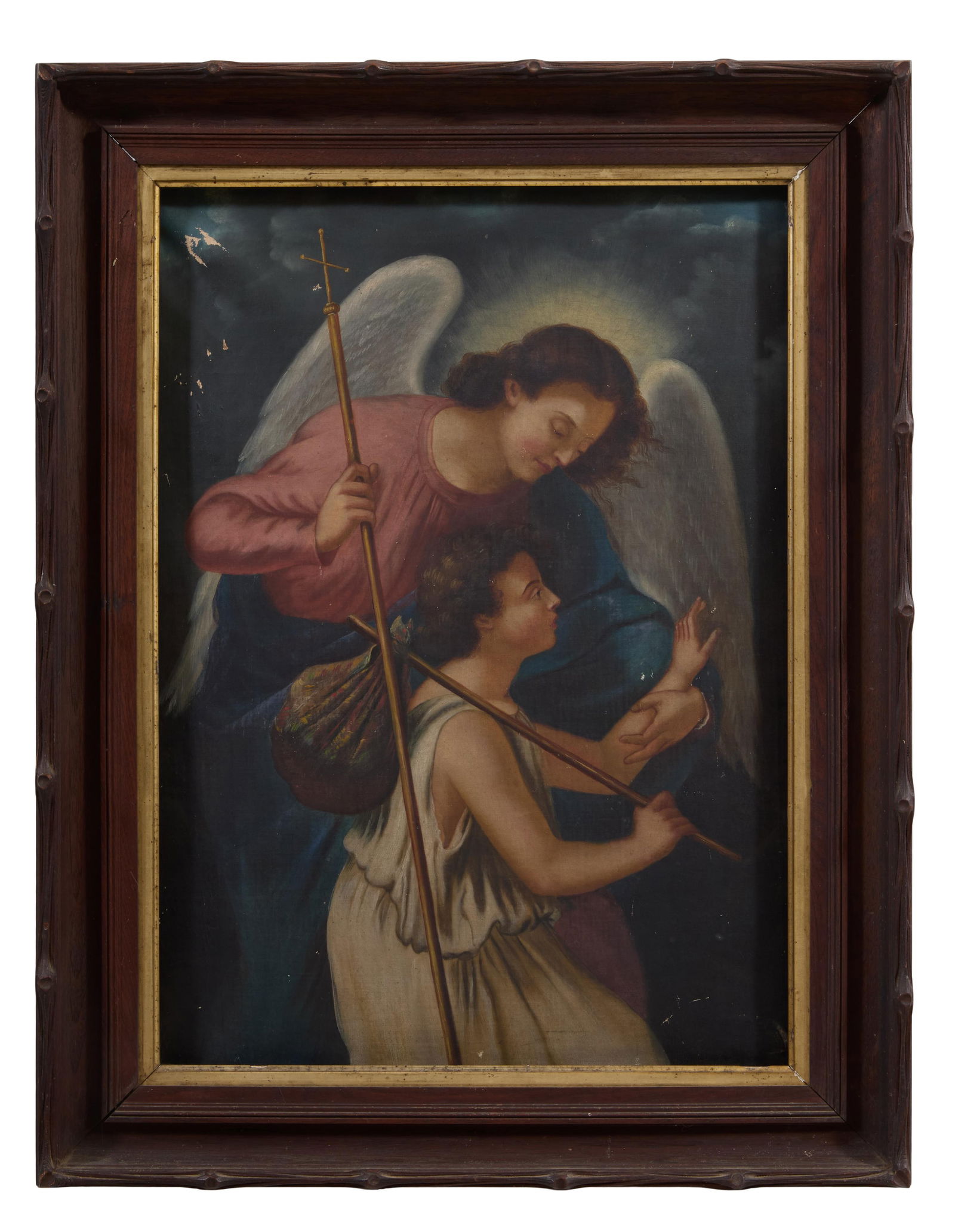 Continental School (19th Century), "Guardian Angel," H.- 26 in., W.- 20 in., Framed- H.- 31 1/2 in.,: Continental School (19th Century), "Guardian Angel," oil on canvas, presented in a wood frame, H.- 26 in., W.- 20 in., Framed- H.- 31 1/2 in., W.- 24 1/4 in.