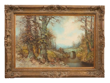 Wilhelm Brauer (German, b. 1924), "Stone Bridge in the Woods," H.- 24 in., W.- 36 in., Framed- H.-