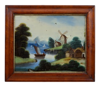 Continental School (19th Century), "Landscape with Windmill and Boats at Sea," Sight- H.- 16 1/2