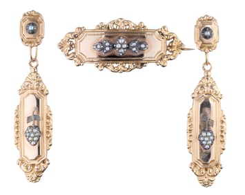 Three Piece 18K Yellow Gold Seed Pearl Demi-Parure, 19th c., App. Total Wt.- 0.26 Troy oz.