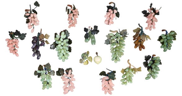 Group of Eighteen Loose Jade and Marble Fruit/Vegetable Clusters, early 20th c., Largest Grape: Group of Eighteen Loose Jade and Marble Fruit/Vegetable Clusters, early 20th c., the grapes consisting of 7 pink examples, 7 green examples, one purple example; a peach example; an apple example; toge
