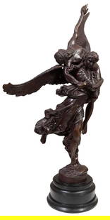 After Jean-Baptiste Auguste Clesinger (French, 1814-1883), "Gloria Victis," 20th c., H.- 25 in., W.-: After Jean-Baptiste Auguste Clesinger (French, 1814-1883), "Gloria Victis," 20th c., patinated bronze figural group, the winged female allegorical image of Hope or Faith carries to glory a wounded Fre